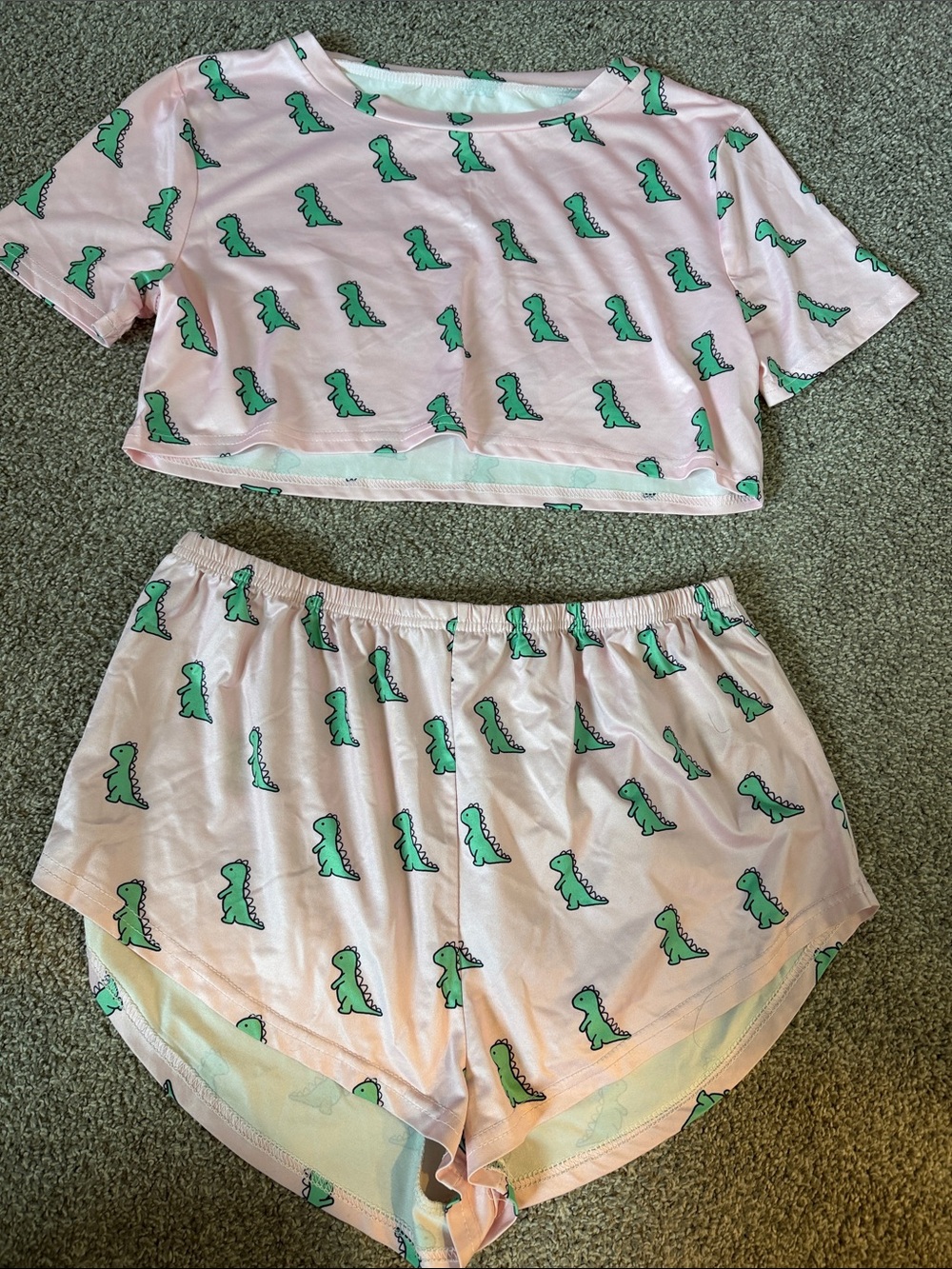 Pink Cropped Pajama Set with Green Dino Print